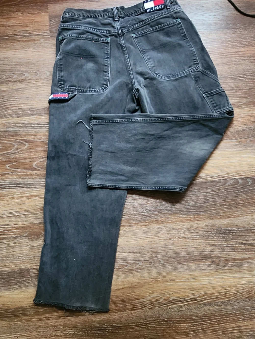 VTG Y2K TOMMY HILFIGER Baggy Wide Leg Carpenter Black Jeans Raw Hem Sz W36x32